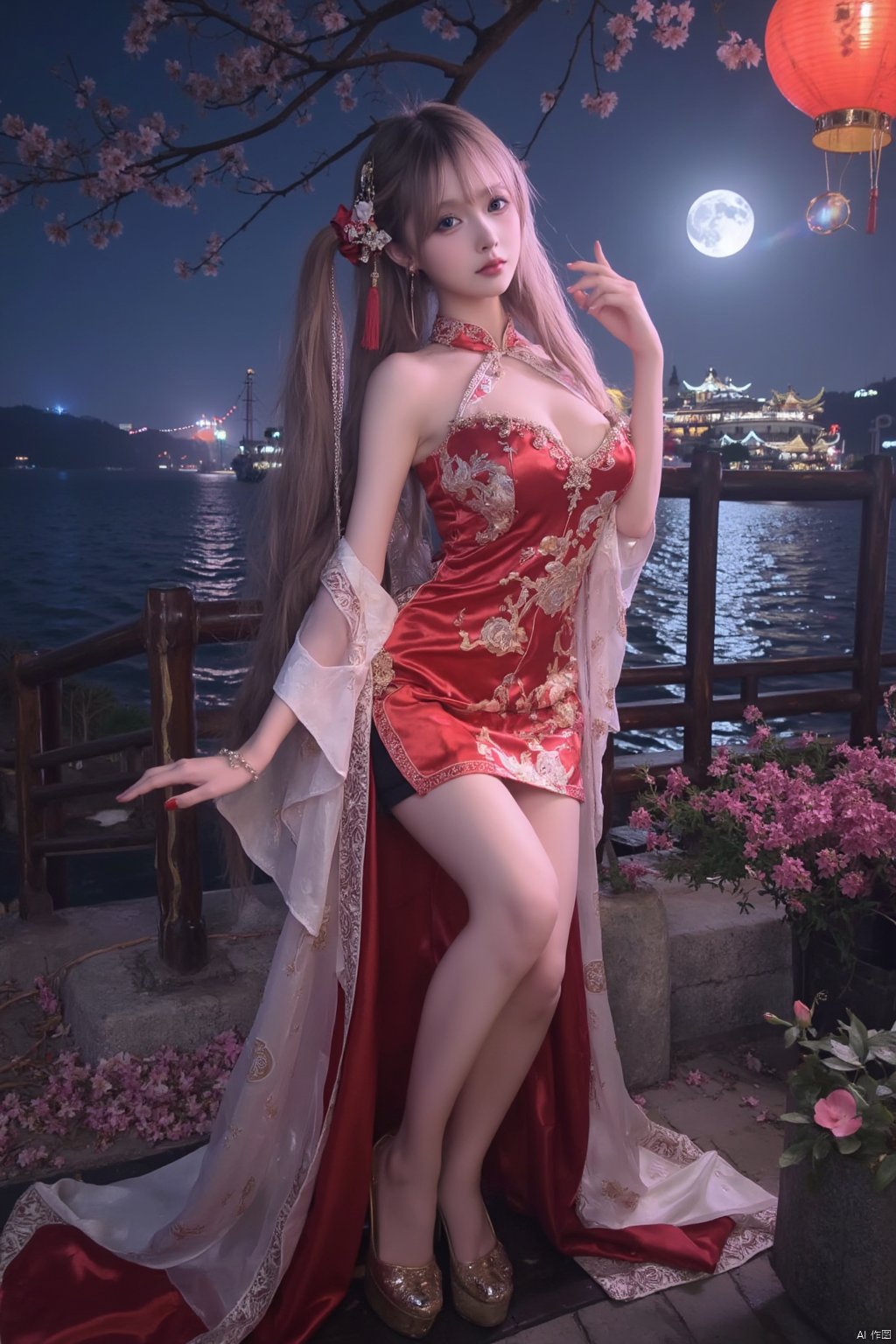 Masterpiece, best quality, stunning details, realistic photos, 1girl, long flowing hair, high quality fair skin, big breasts, (high-cut cheongsam), (shiny pantyhose), long legs, high heels, fashion pose, full body, night, cruise ship, lake, Chinese architectural background, big moon, lantern, flower,