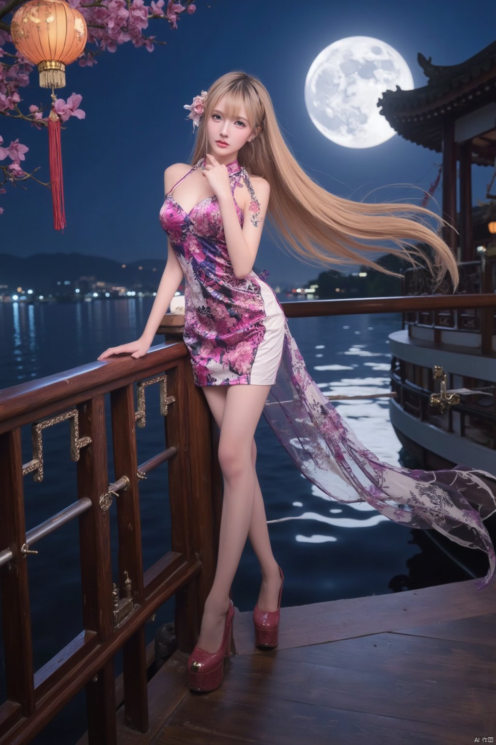 Masterpiece, best quality, stunning details, realistic photos, 1girl, long flowing hair, high quality fair skin, big breasts, (high-cut cheongsam), (shiny pantyhose), long legs, high heels, fashion pose, full body, night, cruise ship, lake, Chinese architectural background, big moon, lantern, flower,