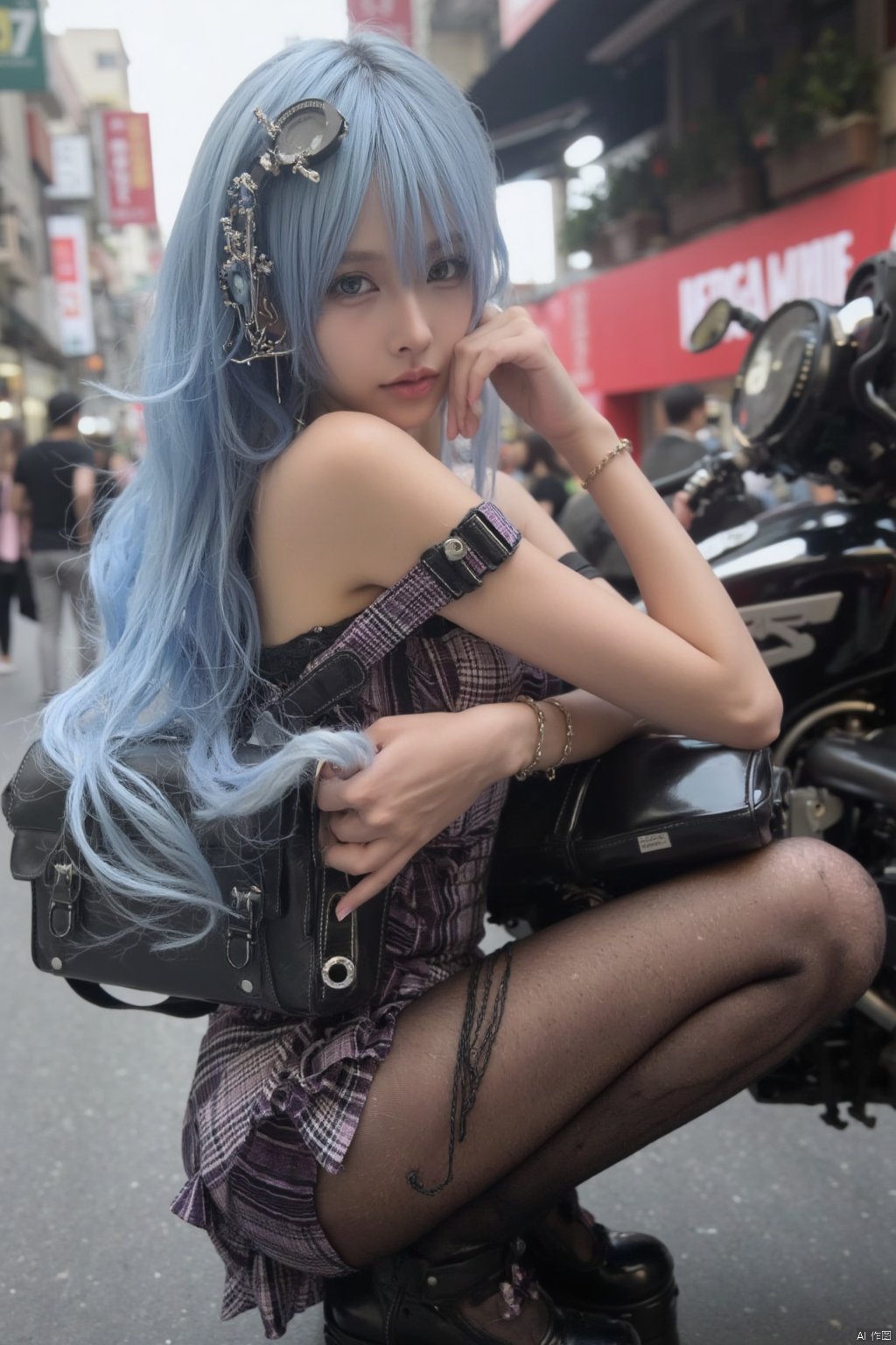 Masterpiece, best quality, stunning details, realistic photos, 1girl, long flowing hair, high quality fair skin, big breasts, off-shoulder pencil dress, (shiny pantyhose), long legs, Squat, upper body, (Cyberpunk Street),