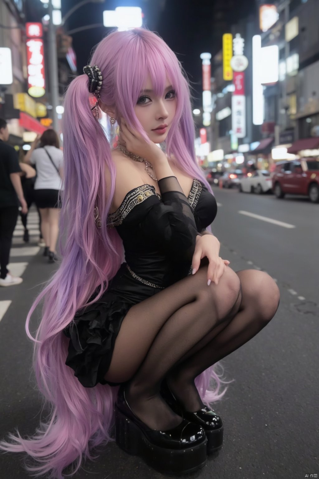 Masterpiece, best quality, stunning details, realistic photos, 1girl, long flowing hair, high quality fair skin, big breasts, off-shoulder pencil dress, (shiny pantyhose), long legs, Squat, upper body, (Cyberpunk Street),