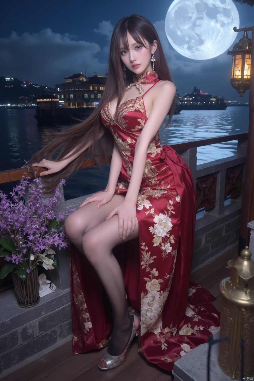 Masterpiece, best quality, stunning details, realistic photos, 1girl, long flowing hair, high quality fair skin, big breasts, (high-cut cheongsam), (shiny pantyhose), long legs, high heels, fashion pose, full body, night, cruise ship, lake, Chinese architectural background, big moon, lantern, flower,