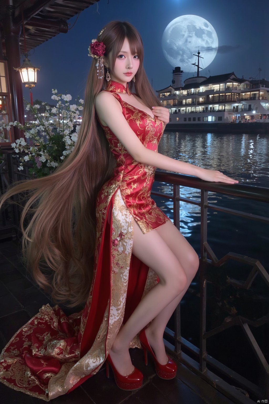 Masterpiece, best quality, stunning details, realistic photos, 1girl, long flowing hair, high quality fair skin, big breasts, (high-cut cheongsam), (shiny pantyhose), long legs, high heels, fashion pose, full body, night, cruise ship, lake, Chinese architectural background, big moon, lantern, flower,