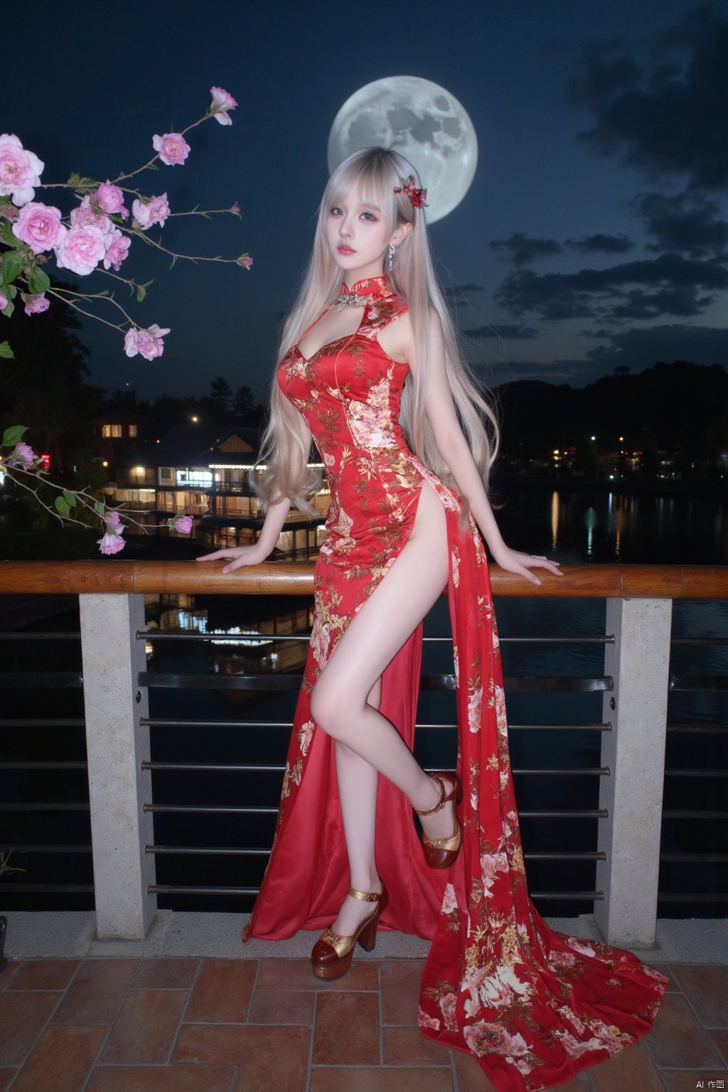 Masterpiece, best quality, stunning details, realistic photos, 1girl, long flowing hair, high quality fair skin, big breasts, (high-cut cheongsam), (shiny pantyhose), long legs, high heels, fashion pose, full body, night, cruise ship, lake, Chinese architectural background, big moon, lantern, flower,