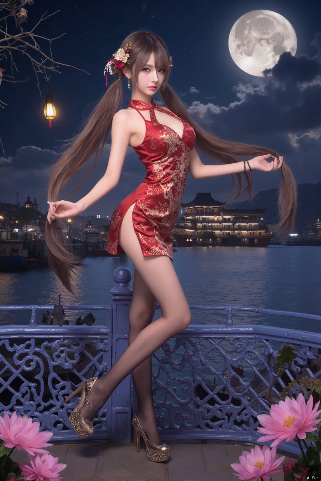 Masterpiece, best quality, stunning details, realistic photos, 1girl, long flowing hair, high quality fair skin, big breasts, (high-cut cheongsam), (shiny pantyhose), long legs, high heels, fashion pose, full body, night, cruise ship, lake, Chinese architectural background, big moon, lantern, flower,