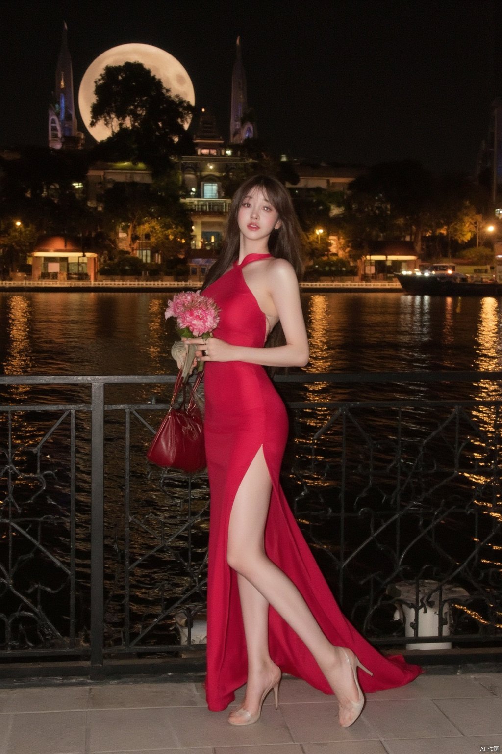 Masterpiece, best quality, stunning details, realistic photos, 1girl, long flowing hair, high quality fair skin, big breasts, (high-cut cheongsam), (shiny pantyhose), long legs, high heels, fashion pose, full body, night, cruise ship, lake, Chinese architectural background, big moon, lantern, flower,