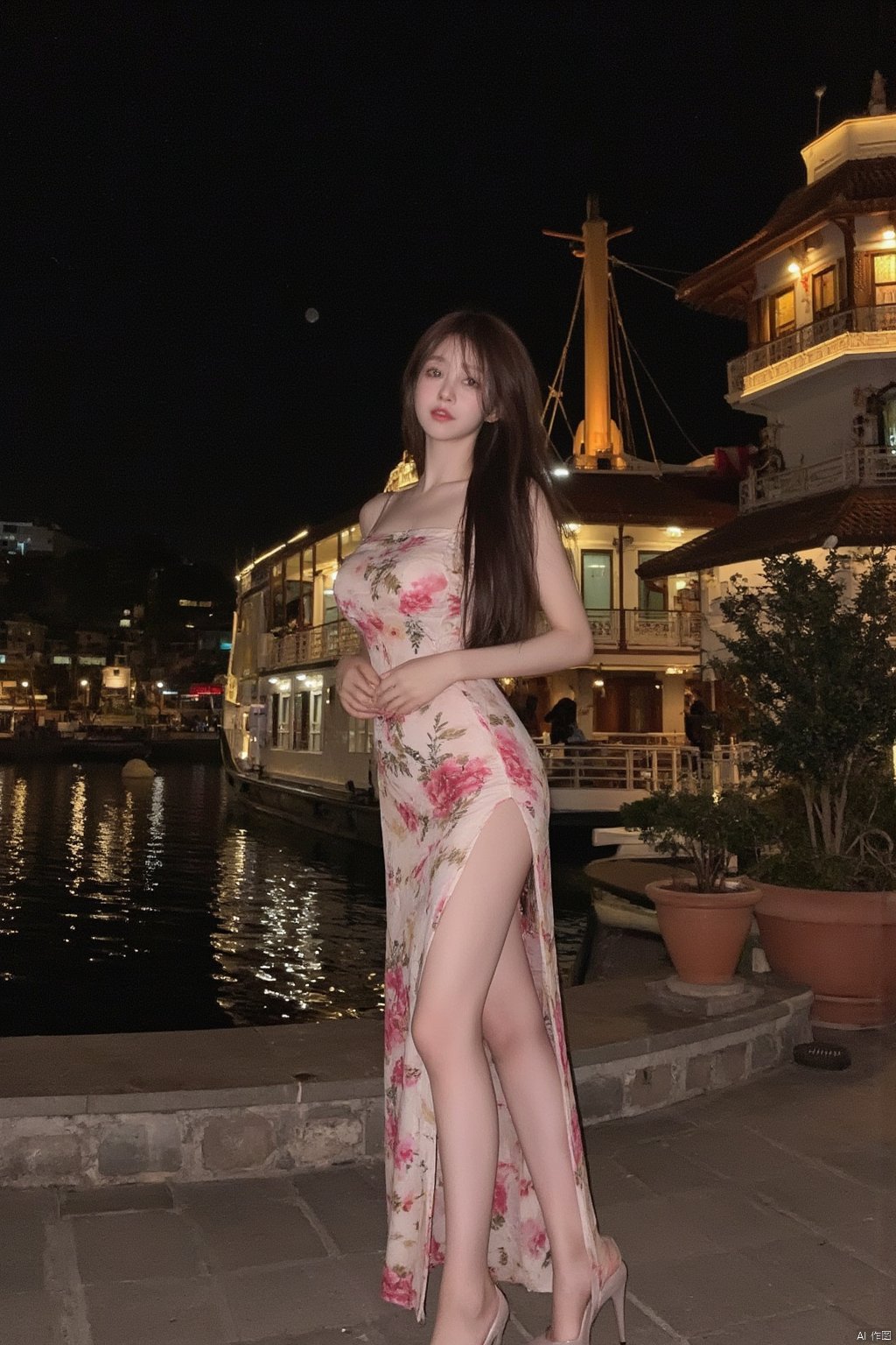 Masterpiece, best quality, stunning details, realistic photos, 1girl, long flowing hair, high quality fair skin, big breasts, (high-cut cheongsam), (shiny pantyhose), long legs, high heels, fashion pose, full body, night, cruise ship, lake, Chinese architectural background, big moon, lantern, flower,