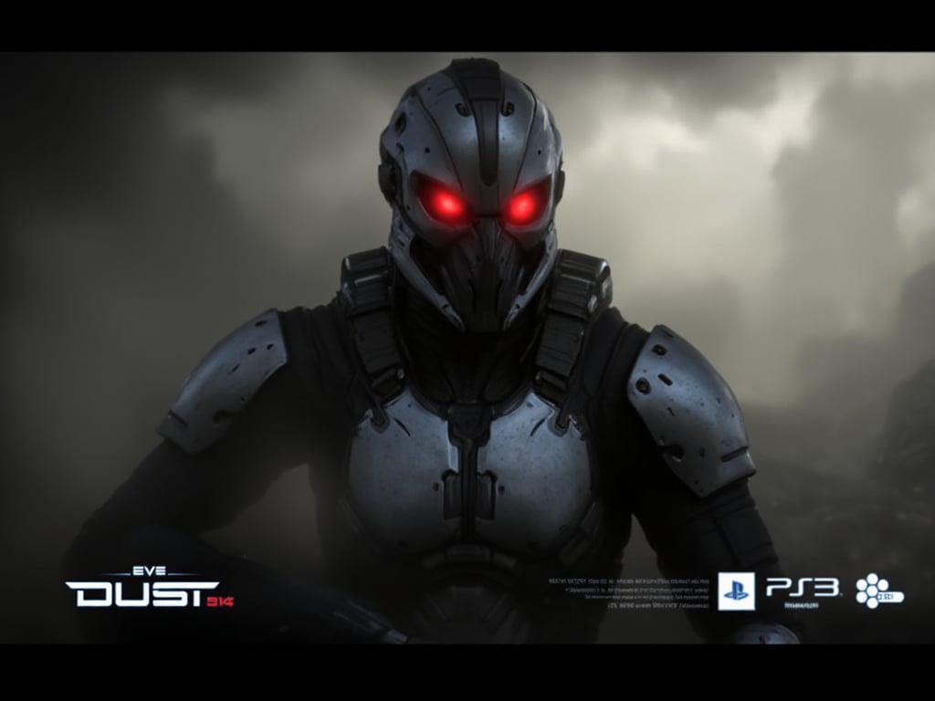 FuturisticWarrior style,, The image is a digital art piece that appears to be a futuristic or sci-fi scene. It shows a close-up of a gallente assault's head and upper body, with a metallic armor-like appearance. The gallente assault's face is covered in red eyes, giving it a futuristic and ominous look. The background is a dark, cloudy sky with a hint of smoke or dust. The overall mood of the image is dark and ominous. The word "DUST" is written in white text on the bottom right corner, with the word "EVE" in a larger font size than the rest of the text.