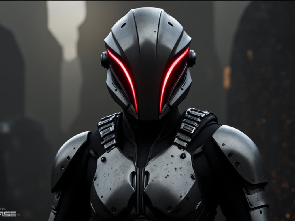 FuturisticWarrior style,, The image is a digital art piece that appears to be a futuristic or sci-fi scene. It shows a close-up of a gallente assault's head and upper body, with a metallic armor-like appearance. The gallente assault's face is covered in red eyes, giving it a futuristic and ominous look. The background is a dark, cloudy sky with a hint of smoke or dust. The overall mood of the image is dark and ominous. The word "DUST" is written in white text on the bottom right corner, with the word "EVE" in a larger font size than the rest of the text.