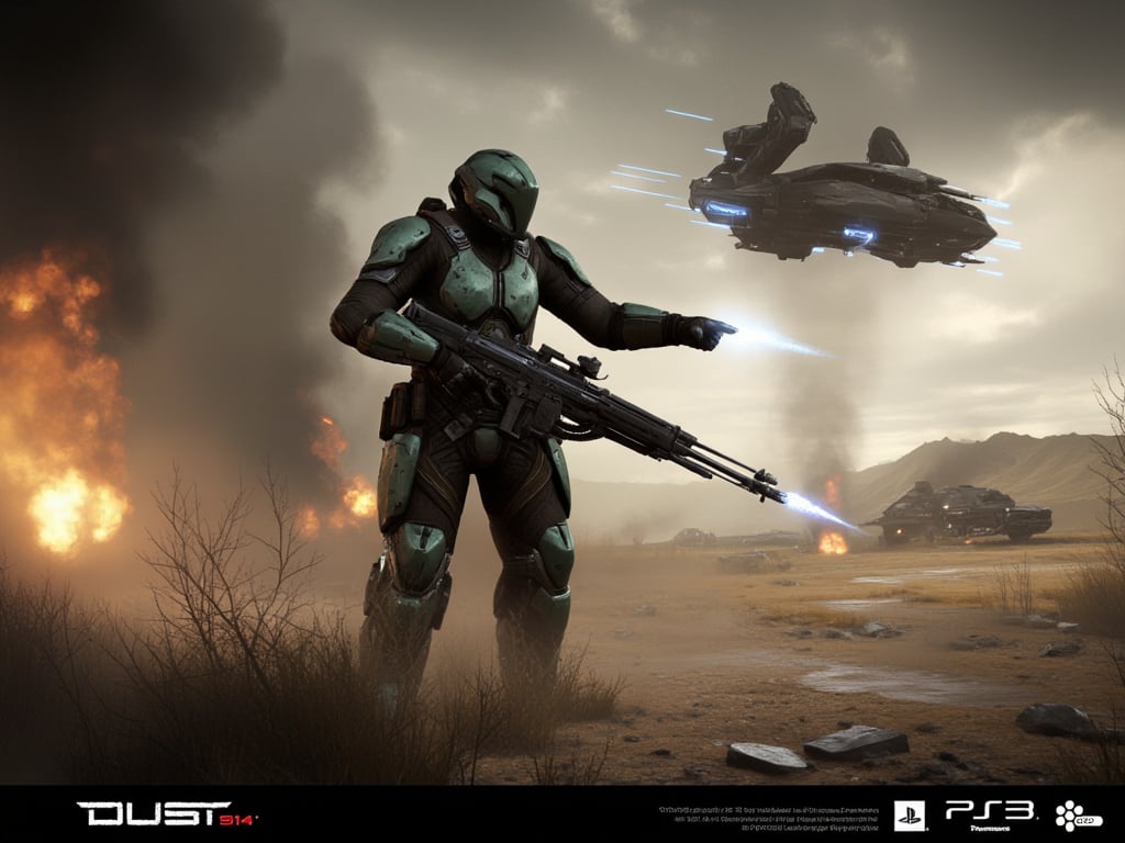 Solo gallente haevy dropsuit standing on battlefield, Full body. Green heavy dropsuit holding heavy gun and pointing on flying dropship. Dramatic sky. Cinematic.,amarr,caldari,minmatar, burning hav, The "DUST 514" and PlayStation 3 logos at the bottom suggest this is part of a promotional image for the game.