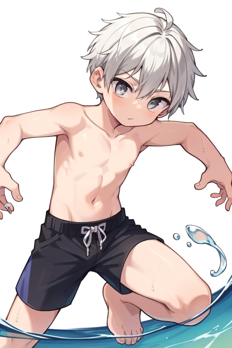 solo,male_focus,shota,
cr-jm,grey_eyes,white_hair,swim_trunks,
dynamic_pose,on_one_knee,BREAK,
score_9,score_8_up,score_7_up,score_6_up,score_5_up,source_anime,