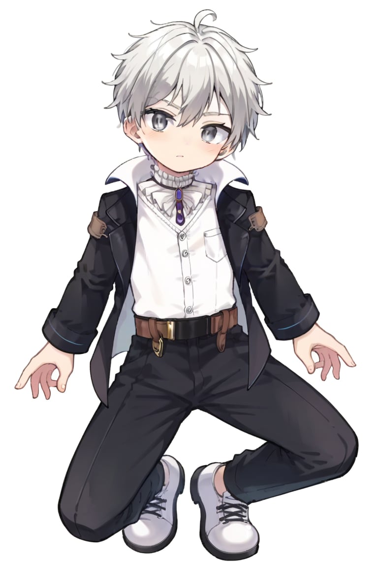 solo,male_focus,shota,
cr-jm,grey_eyes,white_shirt,black_coat,belt,black_pants,white_footwear,
dynamic_pose,on_one_knee,BREAK,
score_9,score_8_up,score_7_up,score_6_up,score_5_up,source_anime,