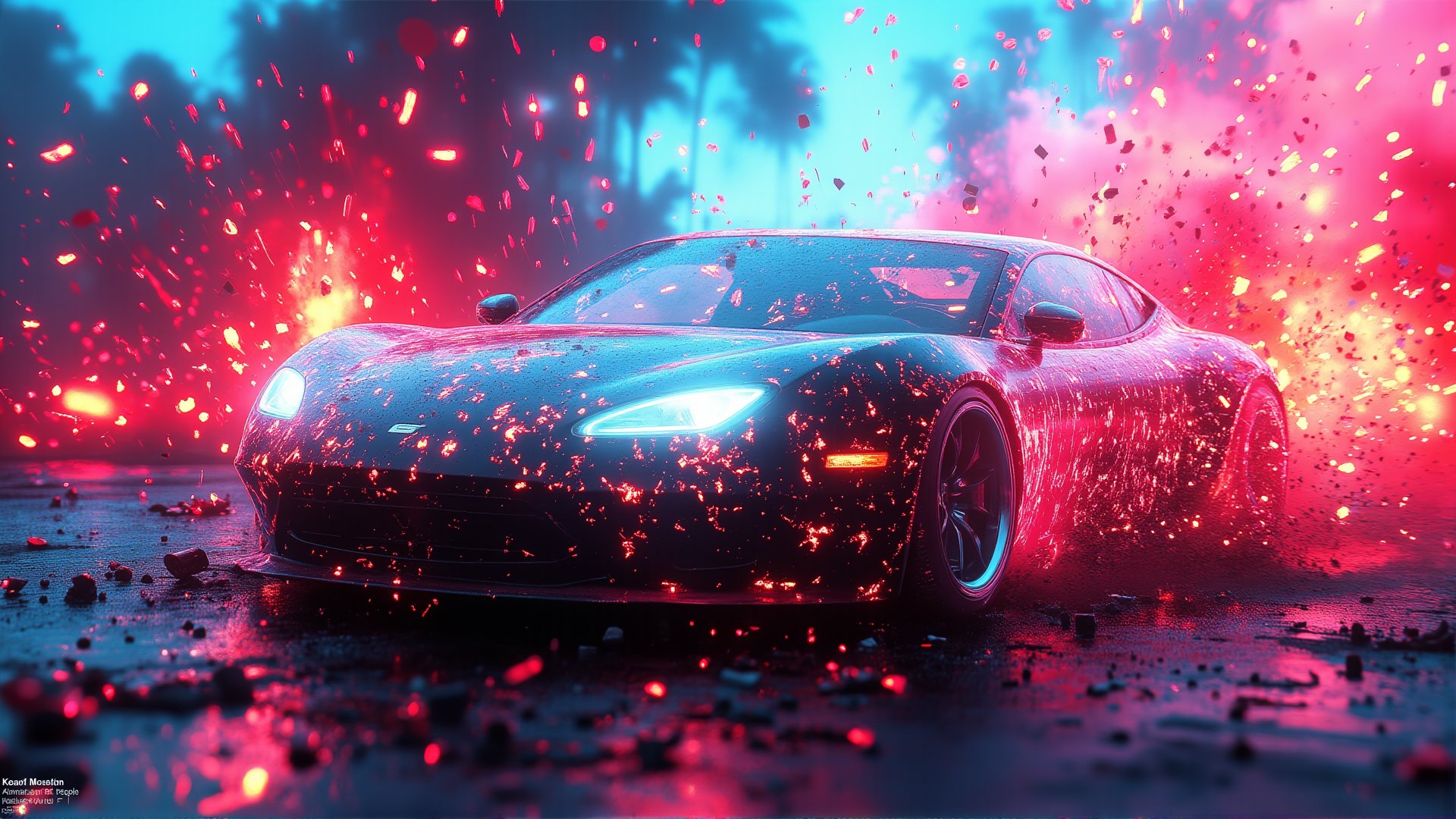 Create a vibrant illustration from a front view of a sleek, unbranded car drifting mid-action, with no logos, stickers, or branding, as rubble and debris float dynamically in the air. The scene is filled with intense motion, as the car kicks up dust and debris, while the background erupts with an abstract explosion of vivid colors and surreal textures. Neon blues, reds, and yellows drip off the canvas, creating a chaotic yet visually striking contrast with the dark asphalt. The clean body of the car reflects the dynamic lighting, adding depth and energy to the composition.