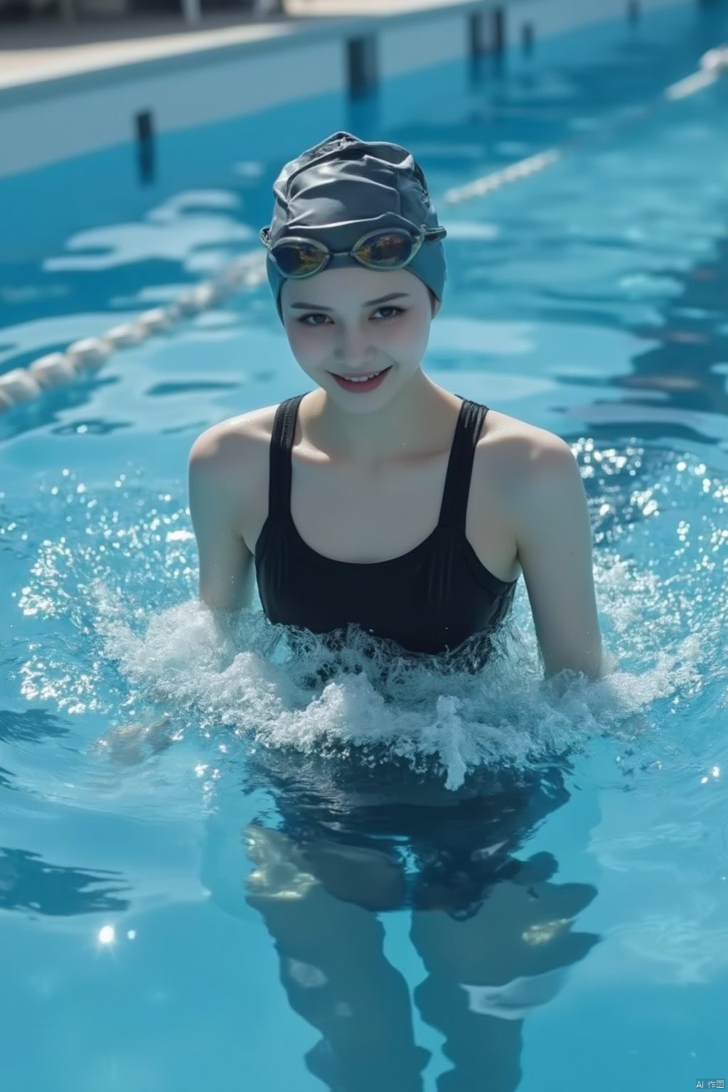 a pretty woman in an Olympic pool, black sport competition swimsuit, ((look at the viewer,)) smile, 3DMM,1girl, in olympic competition, swimming cap, pll