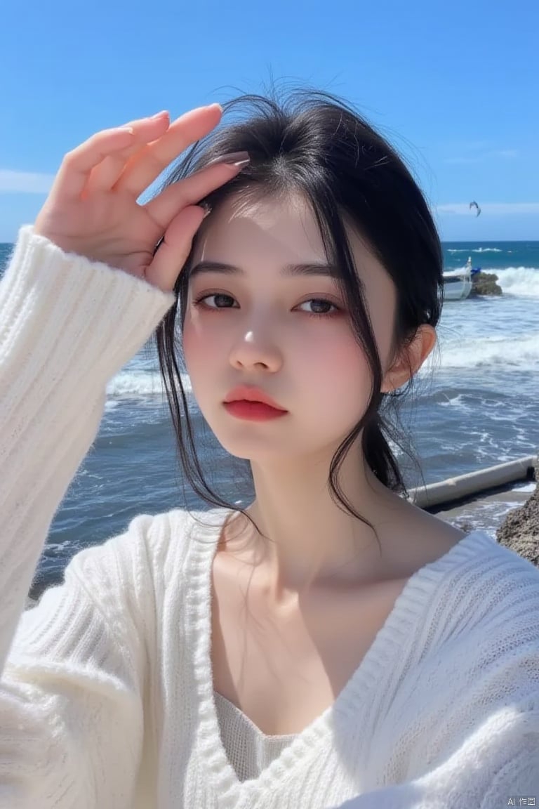 This is a high-resolution, casual half body portrait photo. The subject of the photo is a young woman wearing a white sweater. She has black hair hanging over her shoulders. She raised her right hand, blocking the sunlight as if enjoying the sea view. The background shows the beach and the ocean, with waves crashing against the coast and a small boat anchored on the beach.