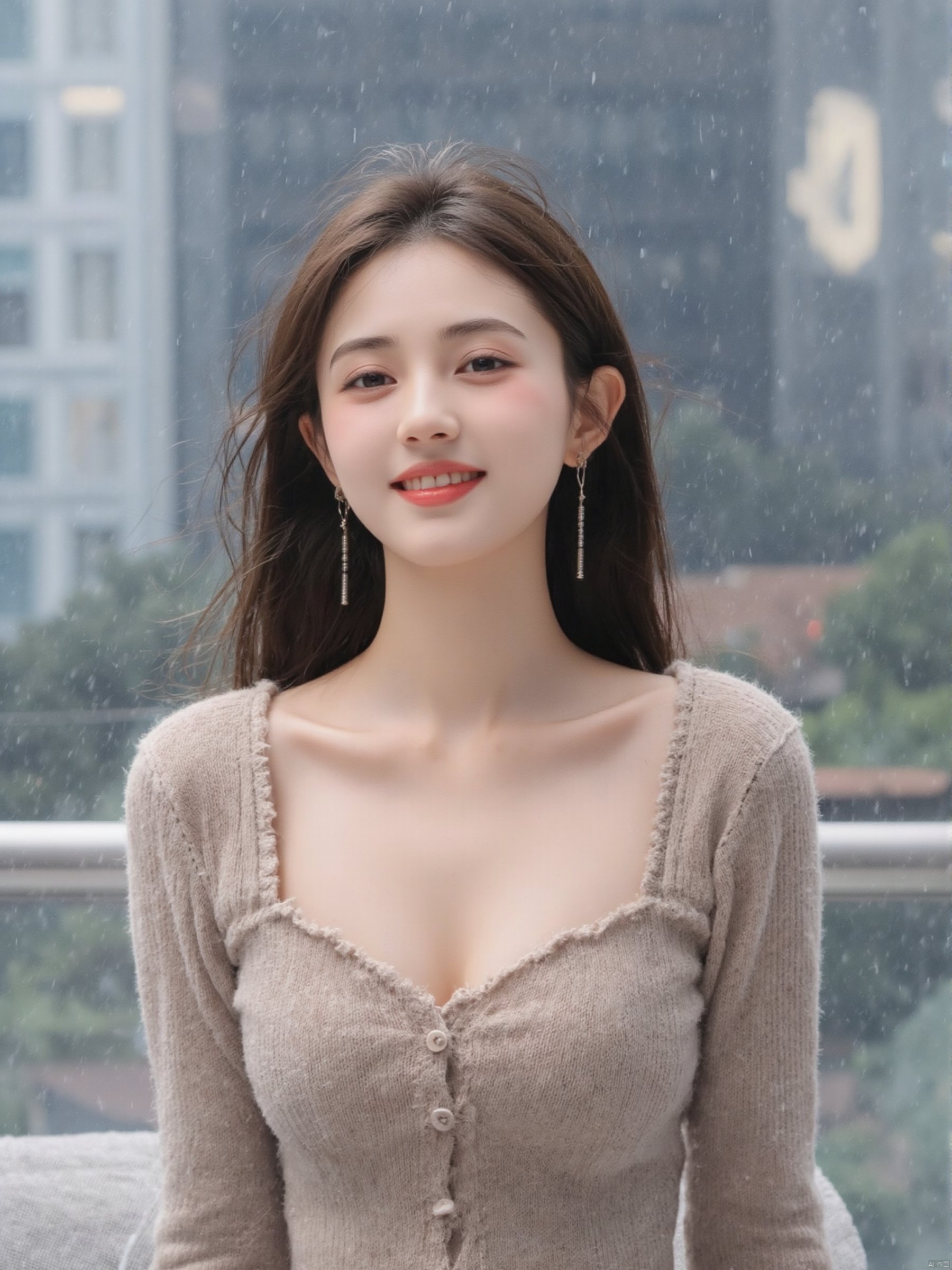 with the Chengdu International Finance in the background, a beautiful woman looked at the audience with a smile in the drizzle. She was wearing a tight top with medium to large breasts, revealing her beautiful cleavage.