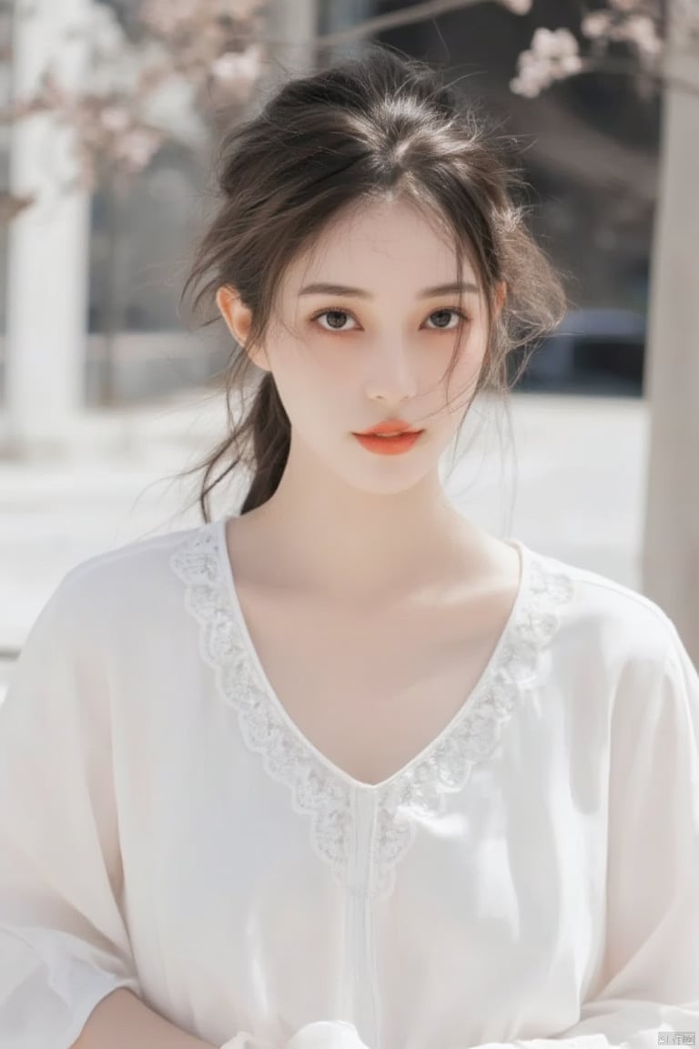 a close-up shot of a young Asian woman with dark brown hair and brown eyes. She is wearing a white sleeveless blouse with a low neckline that is adorned with white embroidery. Her hair is pulled back in a ponytail, adding a touch of texture to her face. The backdrop is blurred, creating a stark contrast to the woman's white dress.