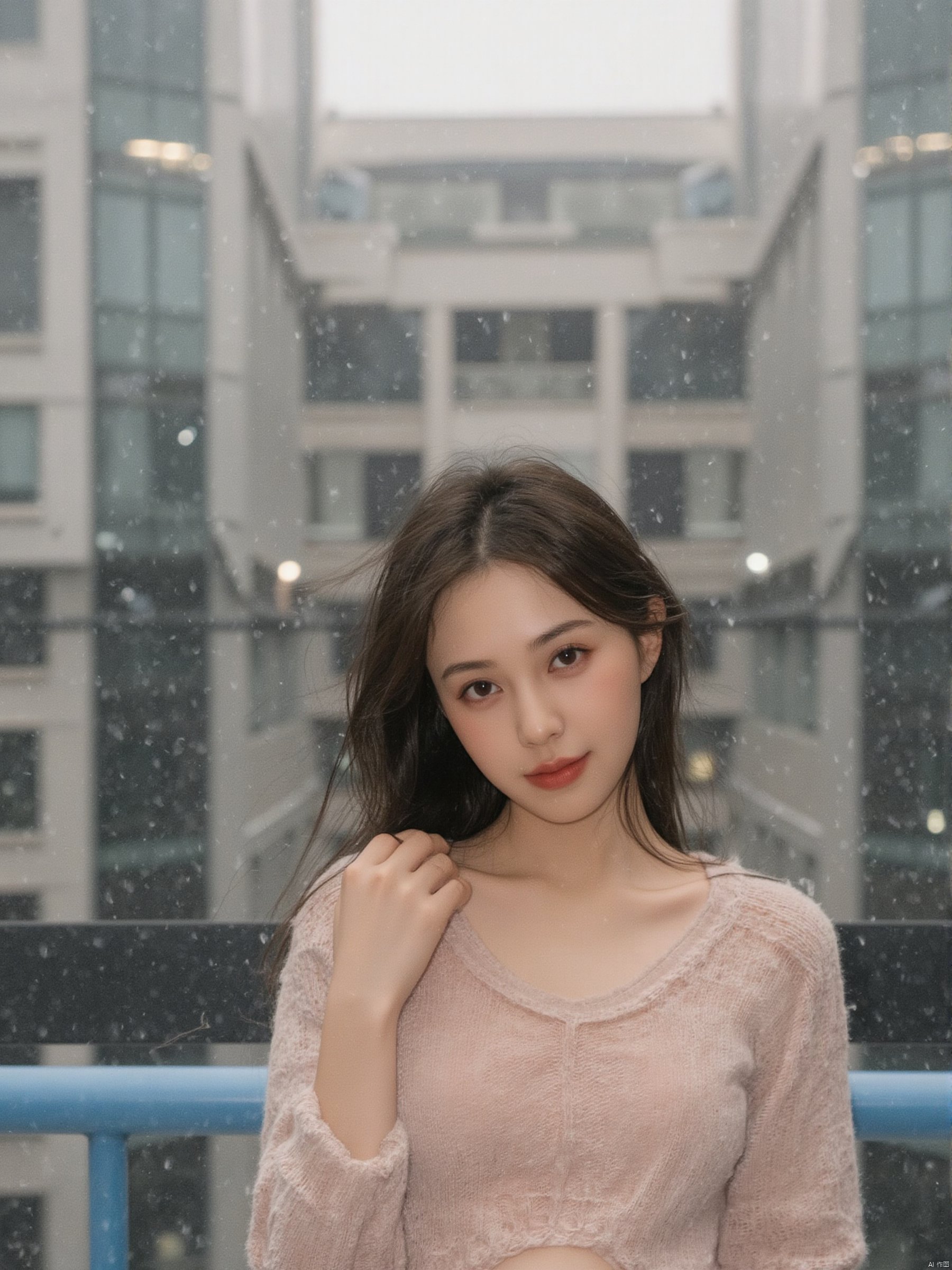 with the Chengdu International Finance in the background, a beautiful woman looked at the audience with a smile in the drizzle. She was wearing a tight top with medium to large breasts, revealing her beautiful cleavage.