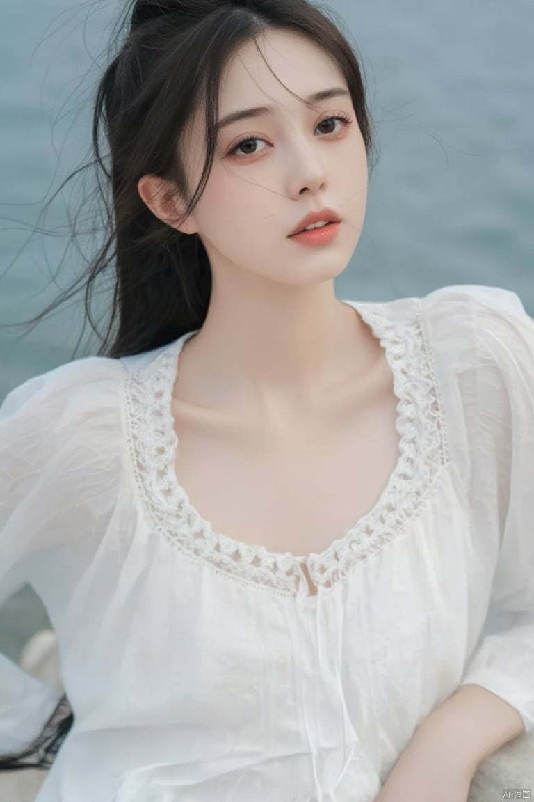 a close-up shot of a young Asian woman with dark brown hair and brown eyes. She is wearing a white sleeveless blouse with a low neckline that is adorned with white embroidery. Her hair is pulled back in a ponytail, adding a touch of texture to her face. The backdrop is blurred, creating a stark contrast to the woman's white dress.