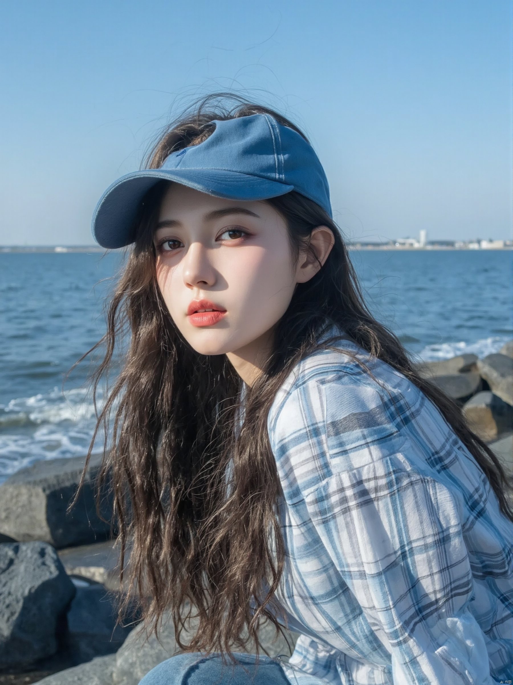 Close to a young Asian woman, is seated on a large black rock. She is adorned with a blue and white plaid shirt. The woman's hair is long, dark brown, and she's wearing a blue baseball cap. The backdrop of the image is a body of water, with a clear blue sky above.