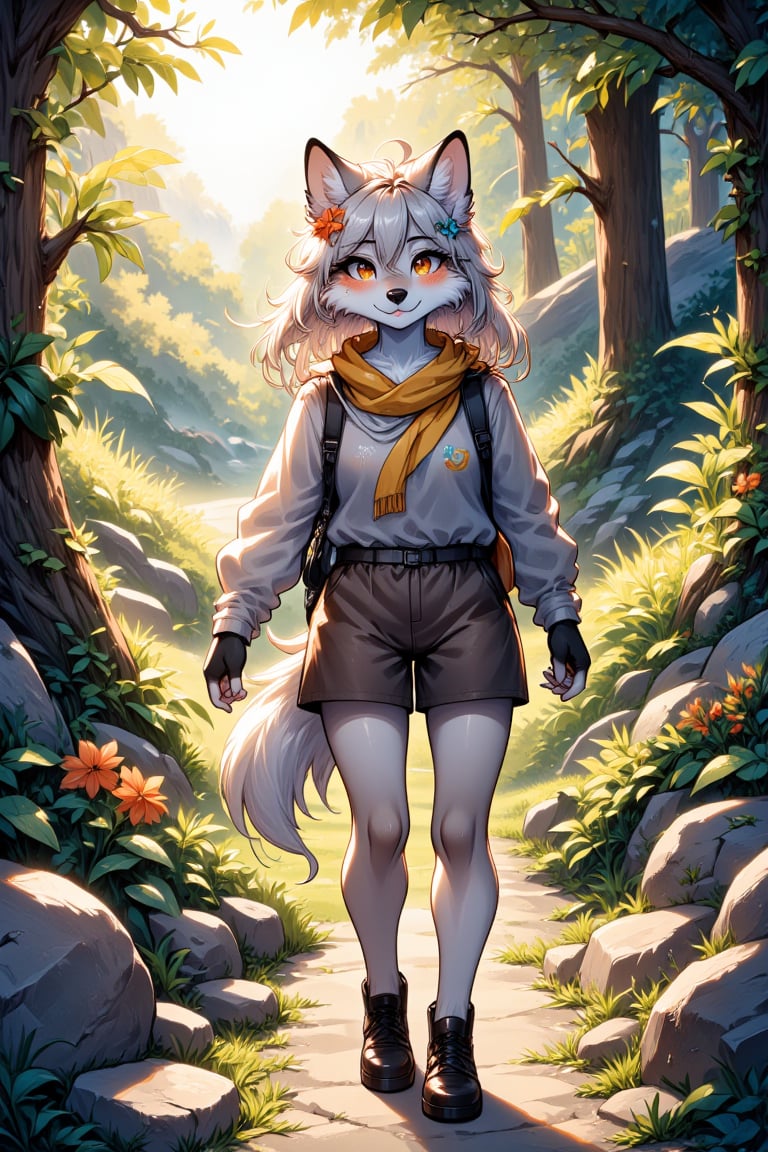 In a vibrant sun-dappled forest, an anthro wolf furry girl, clad in a snug, earthy-toned outfit that blends seamlessly with the surrounding wilderness, embarks on an adventurous hike. Her fur, a striking blend of silvery gray and warm russet, glistens under the gentle rays of sunlight piercing through the leafy canopy overhead. With each step, her keen senses pick up the fresh, invigorating scent of damp earth and blooming wildflowers, a delightful mix that invigorates her spirit. As she navigates the winding path, her delicate ears perk up, attentive to the rustling of leaves and the distant chatter of woodland creatures. The trail is flanked by an explosion of lush greens—the vibrant ferns and rugged underbrush teeming with life. In her backpack, she carries a small, well-worn journal filled with sketches and notes about her explorations, each page a testament to her adventures in this enchanting realm. Every so often, she pauses to take in her surroundings, her amber eyes sparkling with curiosity. When a curious rabbit hops into view, the wolf furry girl kneels down, her heart racing with excitement, feeling the cool earth beneath her paws as she watches the creature with a blend of admiration and caution. The air is alive with the sounds of chirping birds and the soft whispers of the wind, creating a peaceful symphony that accompanies her journey. Each moment in this magical forest further strengthens her connection to nature, filling her with a sense of freedom and belonging.,AFG