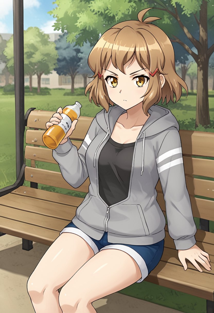 1girl, solo, thibikianotherif, brown hair, antenna hair, brown eyes, yellow eyes, short hair, hairclip, grey shirt, hooded sweater, open clothes, black shirt, blue shorts, sitting, bench, outdoors, park, holding bottle, serious, looking at viewer