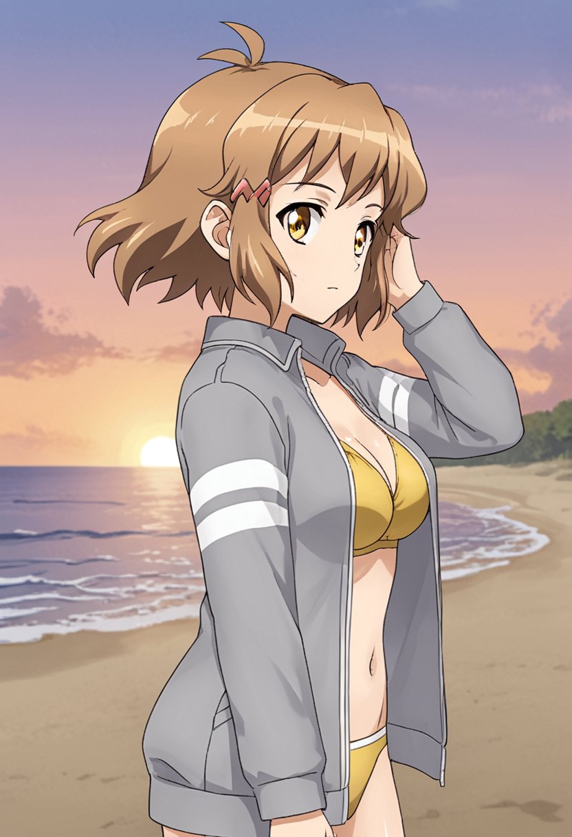 1girl, solo, thibikianotherif, brown hair, antenna hair, brown eyes, yellow eyes, short hair, hairclip, grey jacket, open clothes, yellow bikini, outdoors, beach, sunset, hand on hair, from side, looking at viewer, standing, cowboy shot