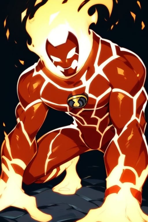 score_9, score_8_up, score_7_up, anime origin, alien male heatblast, In good physical shape, muscle, full body, male, mask, no pupils, fire, pyronite, red suit