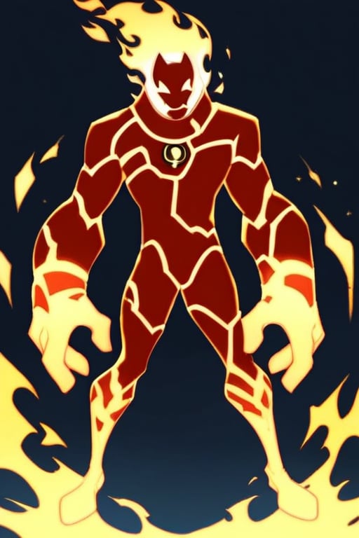 score_9, score_8_up, score_7_up, anime origin, alien male heatblast, full body, standing, male, mask, no pupils, fire, heat blast, pyronite, red suit