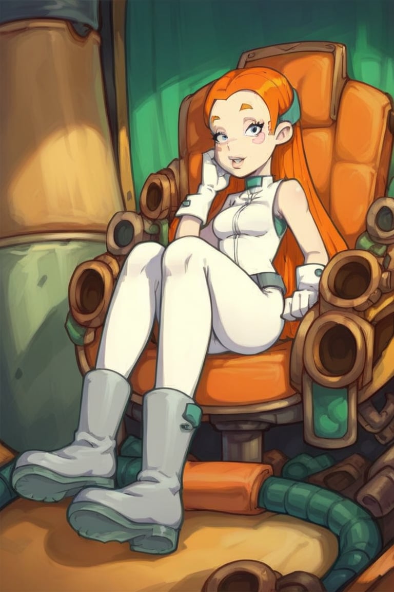 behind_position, score_9, score_8_up, score_7_up, source_anime,Goaldeponia, solo, 1girl, orange hair, white bodysuit sleeveless, pink cheeks stickers, gloves, grey belt, grey boots with darker grey soles, grey diadem, sitting in a chair, indoor, long hair,