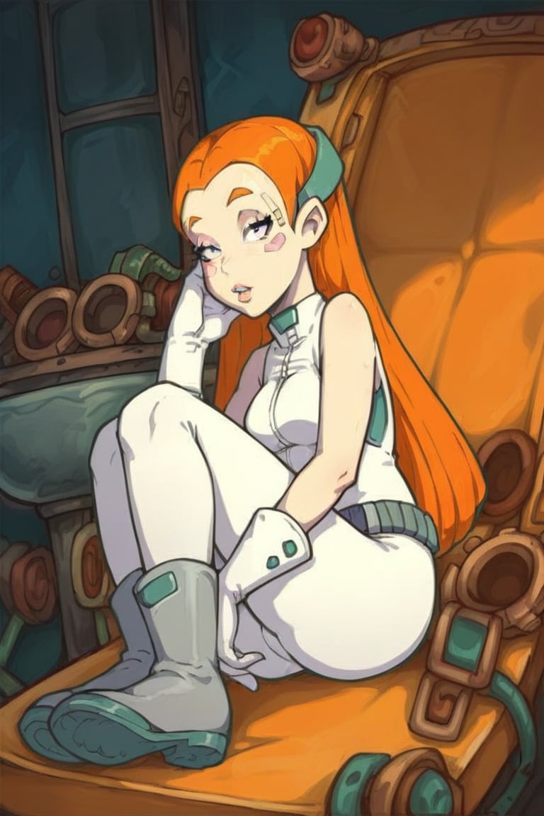 behind_position, score_9, score_8_up, score_7_up, source_anime,Goaldeponia, solo, 1girl, orange hair, white bodysuit sleeveless, pink cheeks stickers, gloves, grey belt, grey boots with darker grey soles, grey diadem, sitting in a chair, indoor, long hair,