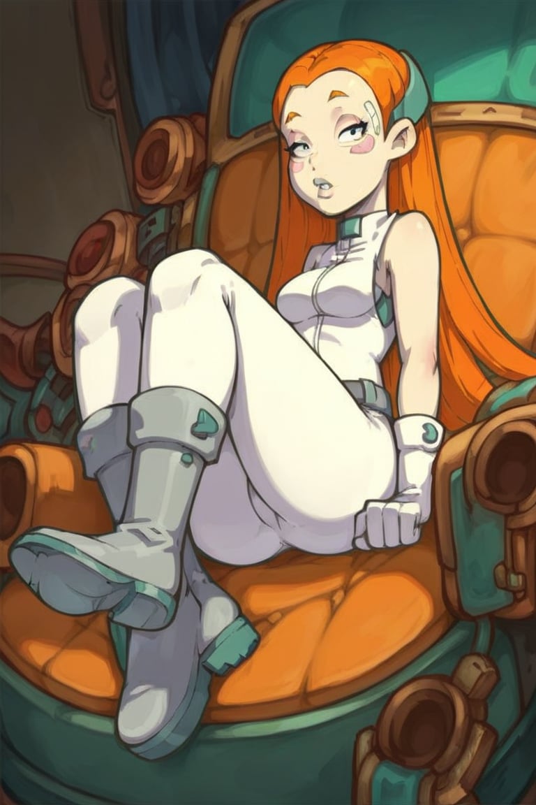 behind_position, score_9, score_8_up, score_7_up, source_anime,Goaldeponia, solo, 1girl, orange hair, white bodysuit sleeveless, pink cheeks stickers, gloves, grey belt, grey boots with darker grey soles, grey diadem, sitting in a chair, indoor, long hair,