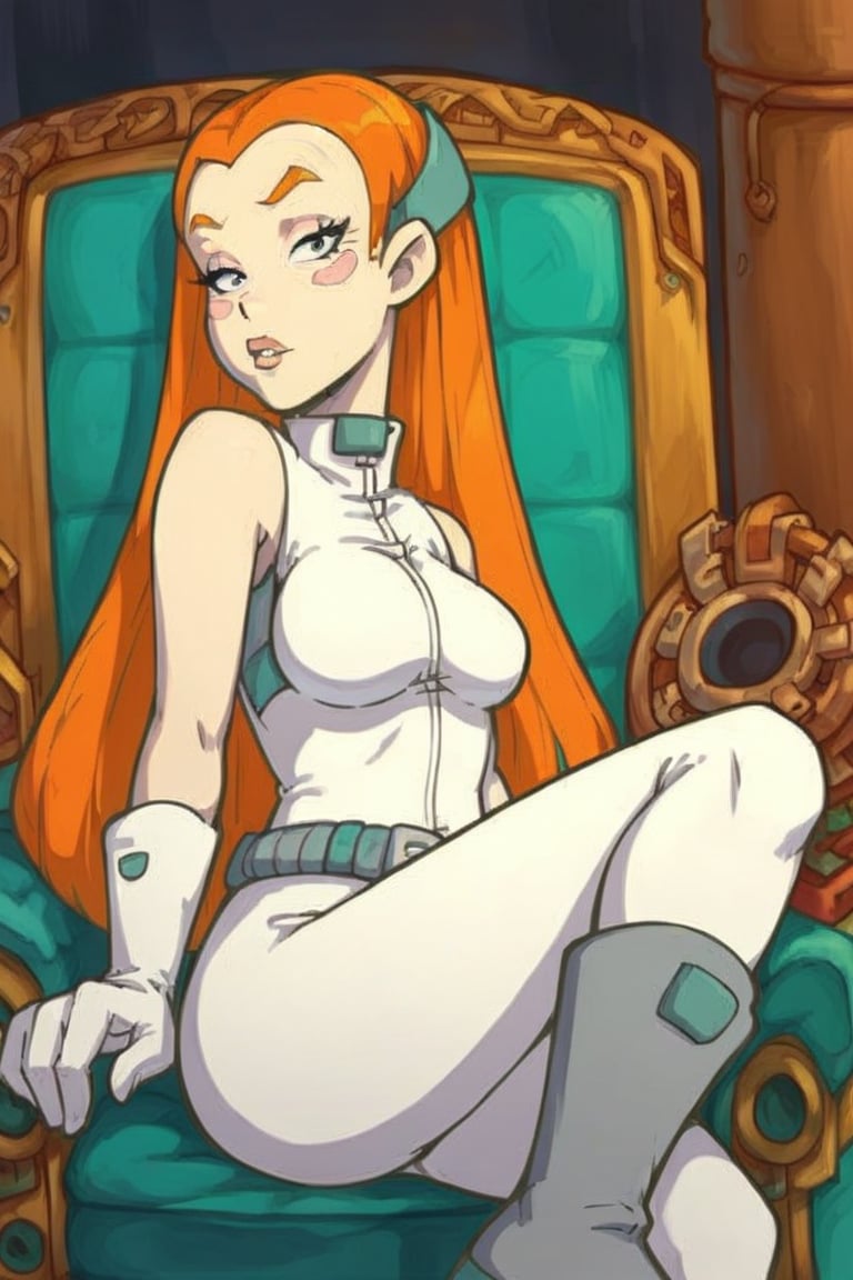 behind_position, score_9, score_8_up, score_7_up, source_anime,Goaldeponia, solo, 1girl, orange hair, white bodysuit sleeveless, pink cheeks stickers, gloves, grey belt, grey boots with darker grey soles, grey diadem, sitting in a chair, indoor, long hair,