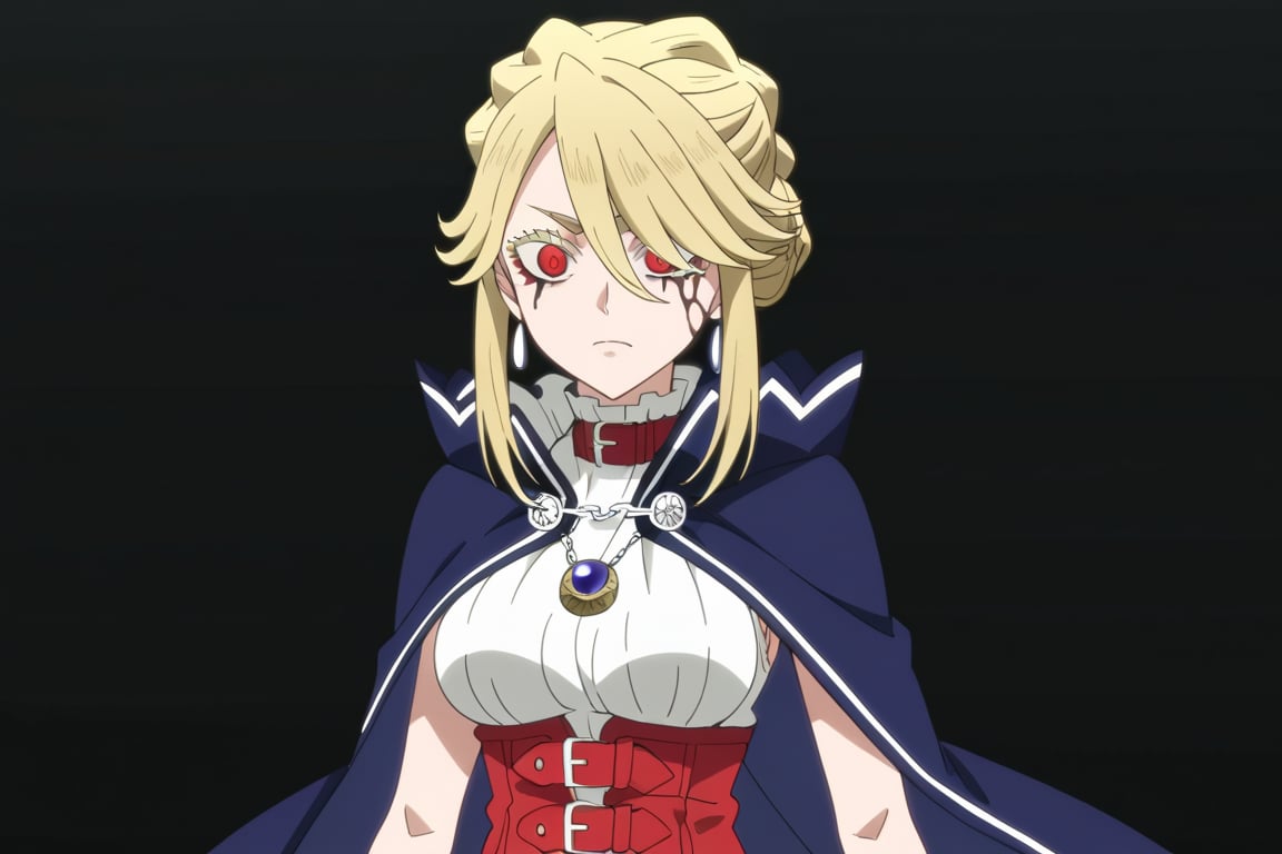 score_9, score_8_up, score_7, source_anime, anime screencap, BREAK,
1girl, Karna Freese, , blue cape, red choker, white dress, red boots, single bun, solo, 

, Corrupted version, blonde hair, red eyes,

, Cowboy shot, 

, ((white background, blank background)):1.3, Corrupted version