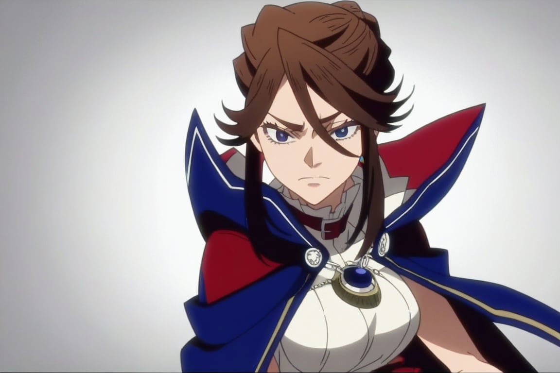 score_9, score_8_up, score_7, source_anime, anime screencap, BREAK,
1girl, Karna Freese, brown hair, blue eyes, blue cape, red choker, white dress, red boots, single bun, 

, Cowboy shot, 

, ((white background, blank background)):1.3,