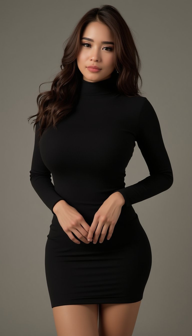 A stunning woman with dark eyes and delicate facial features poses solo in a tight black dress (turtle neck, simple, long sleeves) and black long boots. Her shy smile hints at nervousness and embarrassment as she stands confidently, her glamorous body type showcased by the masterful composition. Wavy brown hair falls down her back, framing her flawless skin and sharp jawline. Tiny earrings and a simple necklace add subtle flair to her makeup-free complexion. The photorealistic image is rendered in 16k resolution with ultra-detailed textures, capturing every detail of her beautiful eyes, including the subtle crinkling at the corners as she smiles. The full-body shot, reminiscent of a classic cowboy pose, puts the viewer's focus on her stunning features and captivating gaze.