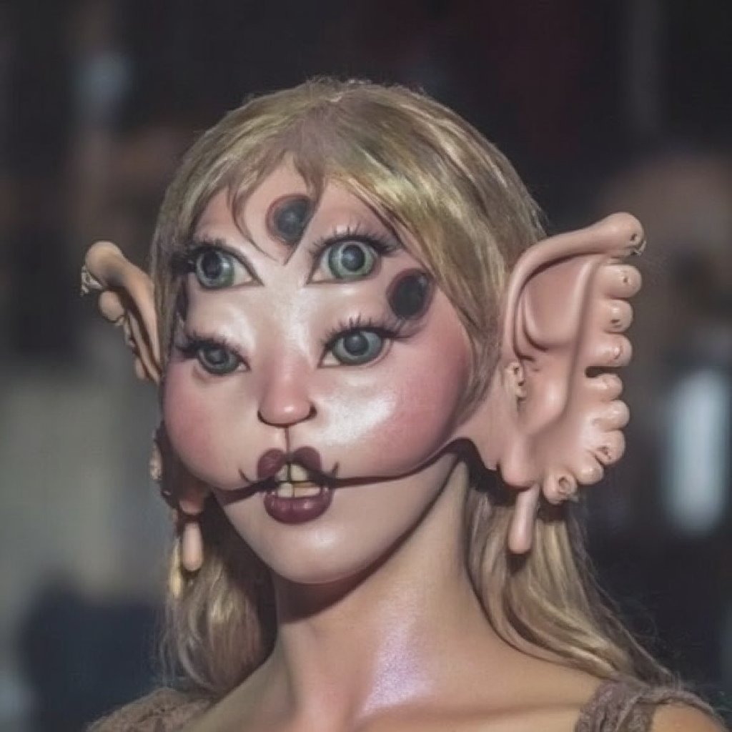 a woman with four eyes, pink skin, sculpted face, textured skin, serene open eyes, , wearing black eyeliner, big eyelashes, realistic shadows, sharp teeth, shiny eyes, face texture, wide angle full body , observing, irirds, face paint, enchanting wavy ears,. The subject's ears are narrow and curled, adding a touch of whimsy, narrow ears, realistic shadows, body study, focus, sharpness