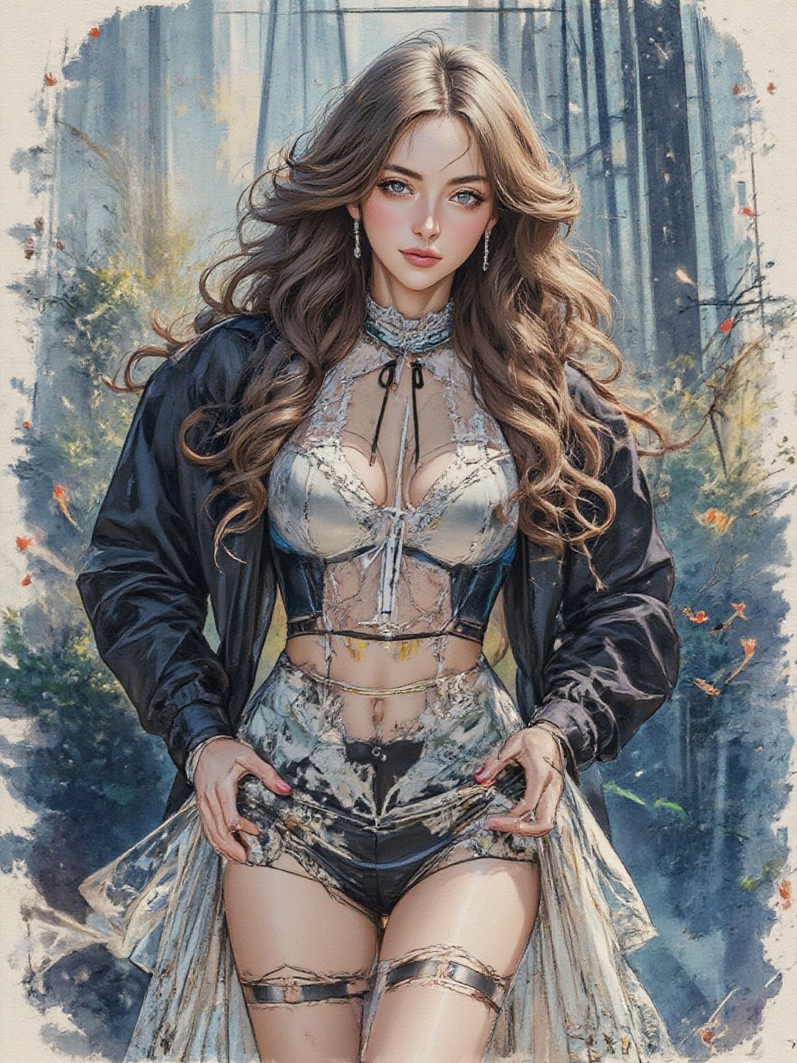 A  beauty with a tall, sexy, and well-proportioned figure, dressed in fashionable clothes with a stylish, aristocratic feel that is both casual and elegant. The artwork features a detailed, realistic depiction in watercolor and gouache, showcasing a lifelike quality and masterpiece status. The 128K resolution captures colored light wavelengths, attractive reflections, and a fine gouache sketch in the center. The modern art style highlights the beauty's allure and sophistication.  Yoruichi_flux,VNS_Add more details