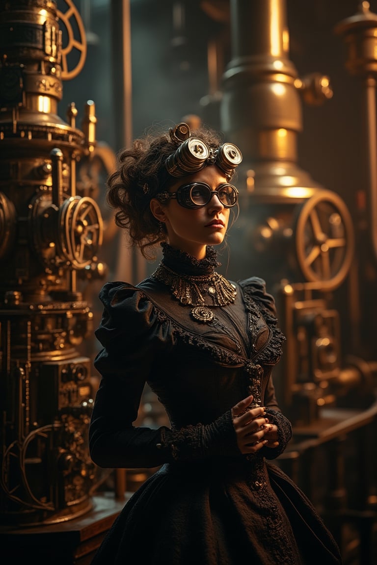 A steampunk ambience with a woman standing in the foreground, surrounded by intricate gears and brass machinery. The scene is illuminated by warm, ambient lighting, casting long shadows. The woman is dressed in a Victorian-era outfit with goggles and a corset, holding a delicate pocket watch. The background features a steam engine and various mechanical contraptions. The composition is balanced, with the woman in the center, framed by the detailed environment.