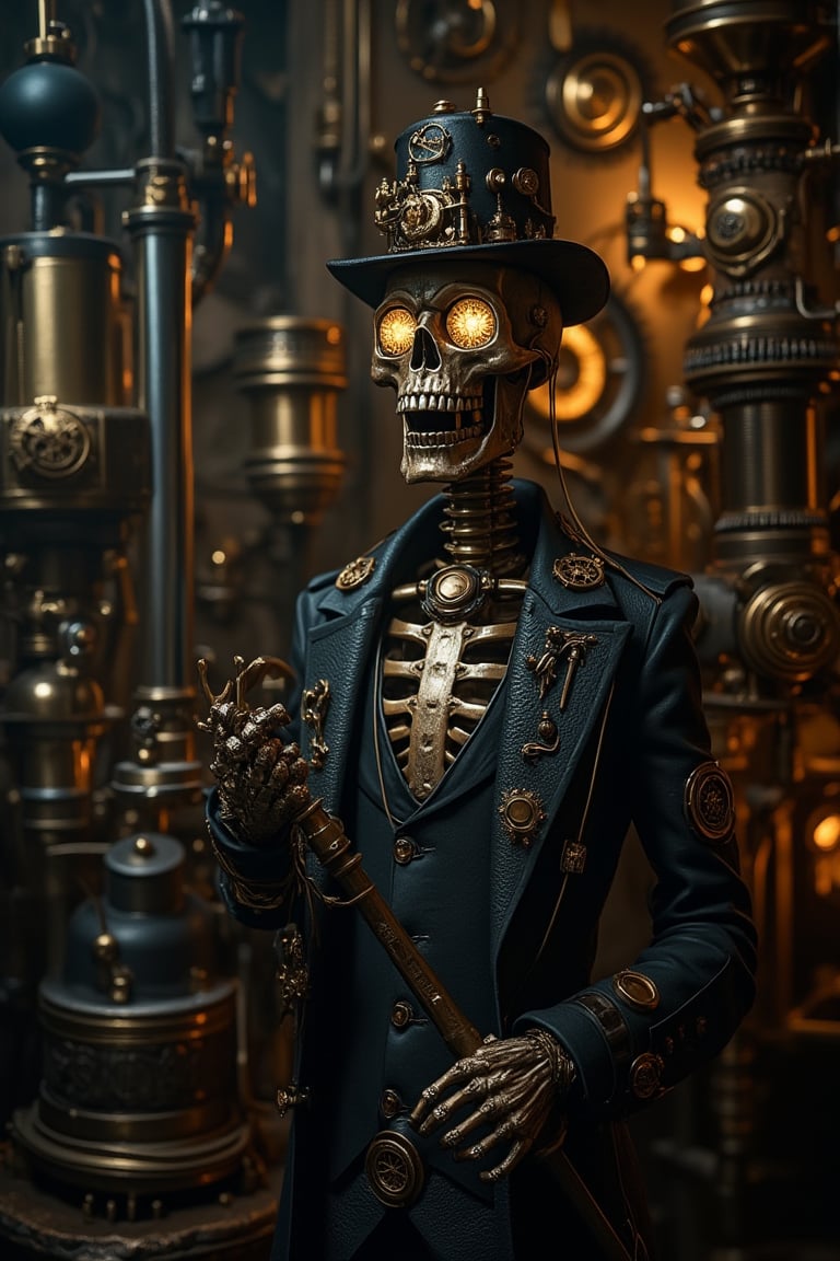 A steampunk ambience with a skeleton in the foreground, surrounded by gears, cogs, and brass machinery. The scene is illuminated by dim, ambient lighting, casting eerie shadows. The skeleton is adorned with mechanical parts, holding a wrench and wearing a top hat. The background features a steam engine and various mechanical contraptions. The composition is balanced, with the skeleton in the center, framed by the detailed steampunk environment.