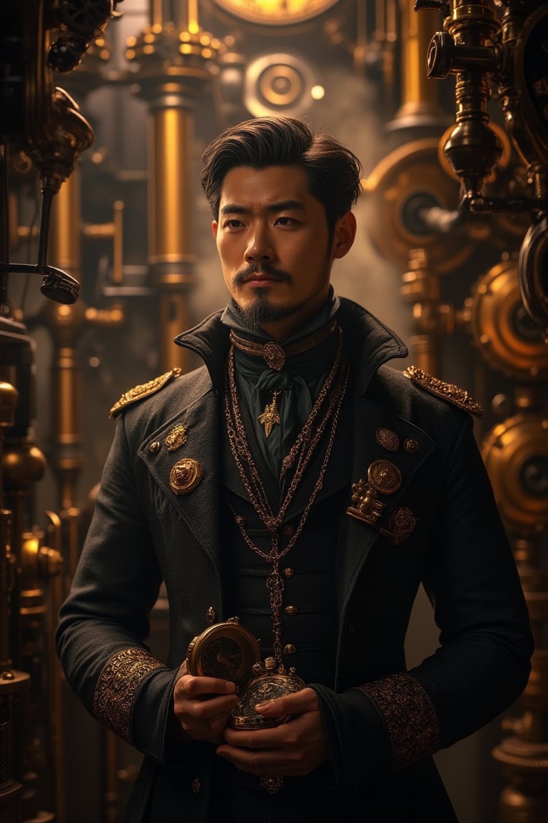 A steampunk ambience with a Korean-looking man standing in the foreground, surrounded by intricate gears and brass machinery. The scene is illuminated by warm, ambient lighting, casting long shadows. The man is dressed in a Victorian-era outfit with a hanbok-inspired jacket, holding a delicate pocket watch. The background features a steam engine and various mechanical contraptions. The composition is balanced, with the man in the center, framed by the detailed steampunk environment.