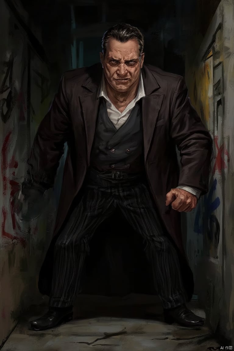 A menacing figure, a large, imposing villain with a sinister expression, standing in a dark, shadowy alley. The lighting is low, with a single spotlight casting dramatic shadows on the villain's face. The composition is tight, focusing on the villain's intense gaze and clenched fist. The location is gritty and urban, with graffiti-covered walls and broken pavement. The villain's pose is aggressive, leaning forward with a threatening stance.