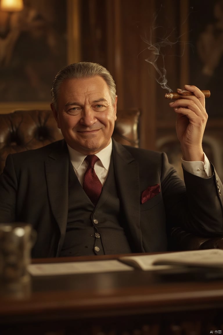 A nefarious boss, seated behind a luxurious, ornate desk, holding a lit cigar. The lighting is warm and dim, casting a glow on the boss's smug, smirking face. The composition is close-up, focusing on the boss's arrogant expression and the cigar smoke curling around him. The location is an opulent office, with rich wood paneling and expensive decor. The boss's pose is relaxed, leaning back with a condescending gaze directed at the viewer.