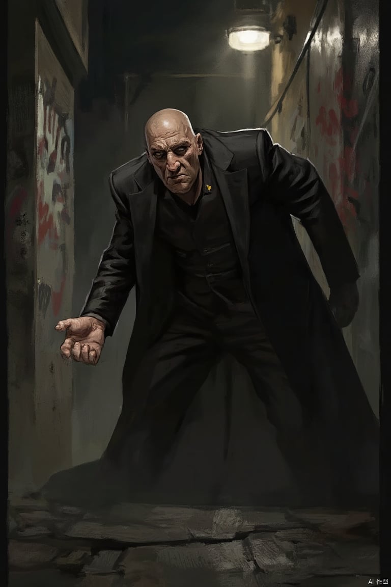 A menacing figure, a large, imposing villain with a sinister expression, standing in a dark, shadowy alley. The lighting is low, with a single spotlight casting dramatic shadows on the villain's face. The composition is tight, focusing on the villain's intense gaze and clenched fist. The location is gritty and urban, with graffiti-covered walls and broken pavement. The villain's pose is aggressive, leaning forward with a threatening stance.