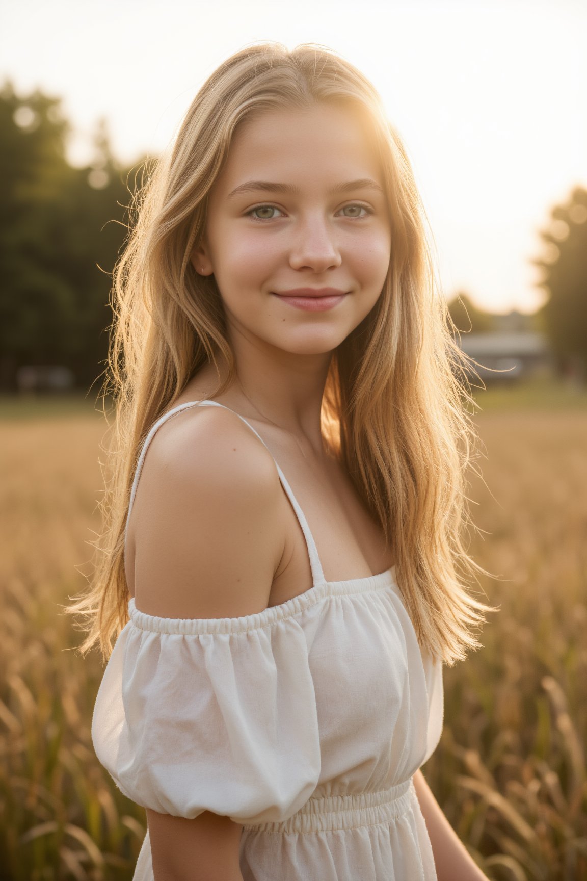 A high-resolution photograph of  a young girl, 13 years old,standing in a sunlit field. She has a slender build and fair skin covered in a light sprinkling of freckles. She has long, straight, light brown hair that flows naturally, catching the warm, golden light of the setting sun. Her facial features are delicate and youthful, with a small nose, a slightly rounded chin, and a serene expression. She is wearing a soft, off-shoulders white dress. She is gazing at the viewer over her shoulder with a kind and open smile. Shot with a Canon EOS R5, ISO 200, 85mm lens at f/2.8 for soft background blur. Golden hour light with warm hues, natural shadows, and smooth transitions. Soft, diffused reflector placed in front of the subject to bounce light onto the face, enhancing the warmth.