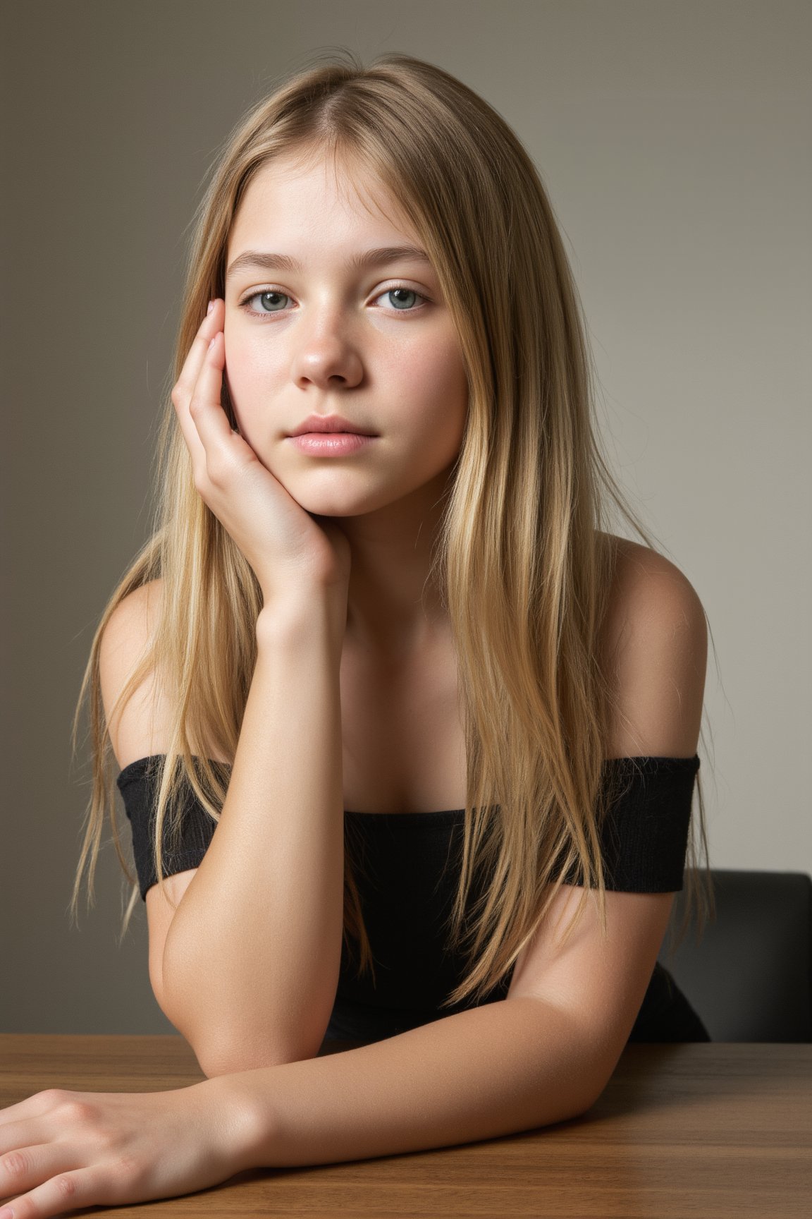 A 12 year old girl, with a fair complexion and long, straight, honey-blonde hair that cascades over her shoulders. She has a slender build and a delicate, youthful face with a slightly rounded jawline and prominent cheekbones. Her eyes are a light hazel color, and her expression is neutral, with a hint of a soft, almost melancholic gaze. She is leaning forward, one hand resting on her cheek. She is wearing a low-cut, off-shoulders black top.