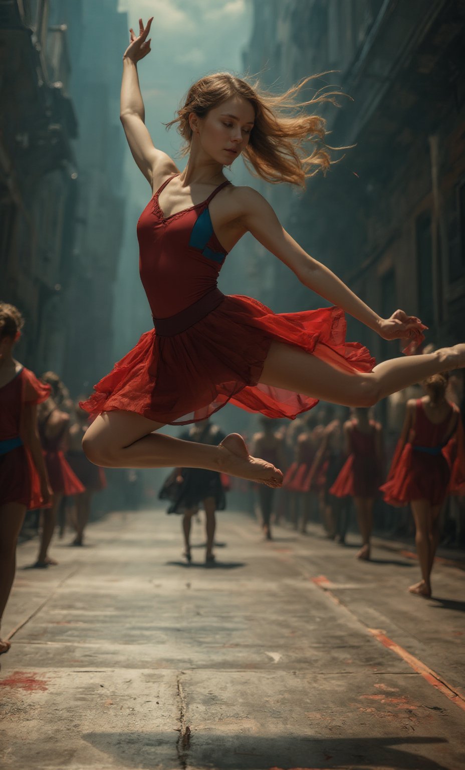 ((hyper realistic: 1.8)), masterpiece, ((sharp face, eyes, lips)), (high contrast), a blonde,  20 years, dance ballet. leap off the floor with legs split near a straight line in the air, arms open to for balance, hair flowing along with hair.  She is dressing in a tight red and blue mixed tutu. There are many other dancers on the dance floors in the background ,yoruichi_v2_flux,test_hop_v2