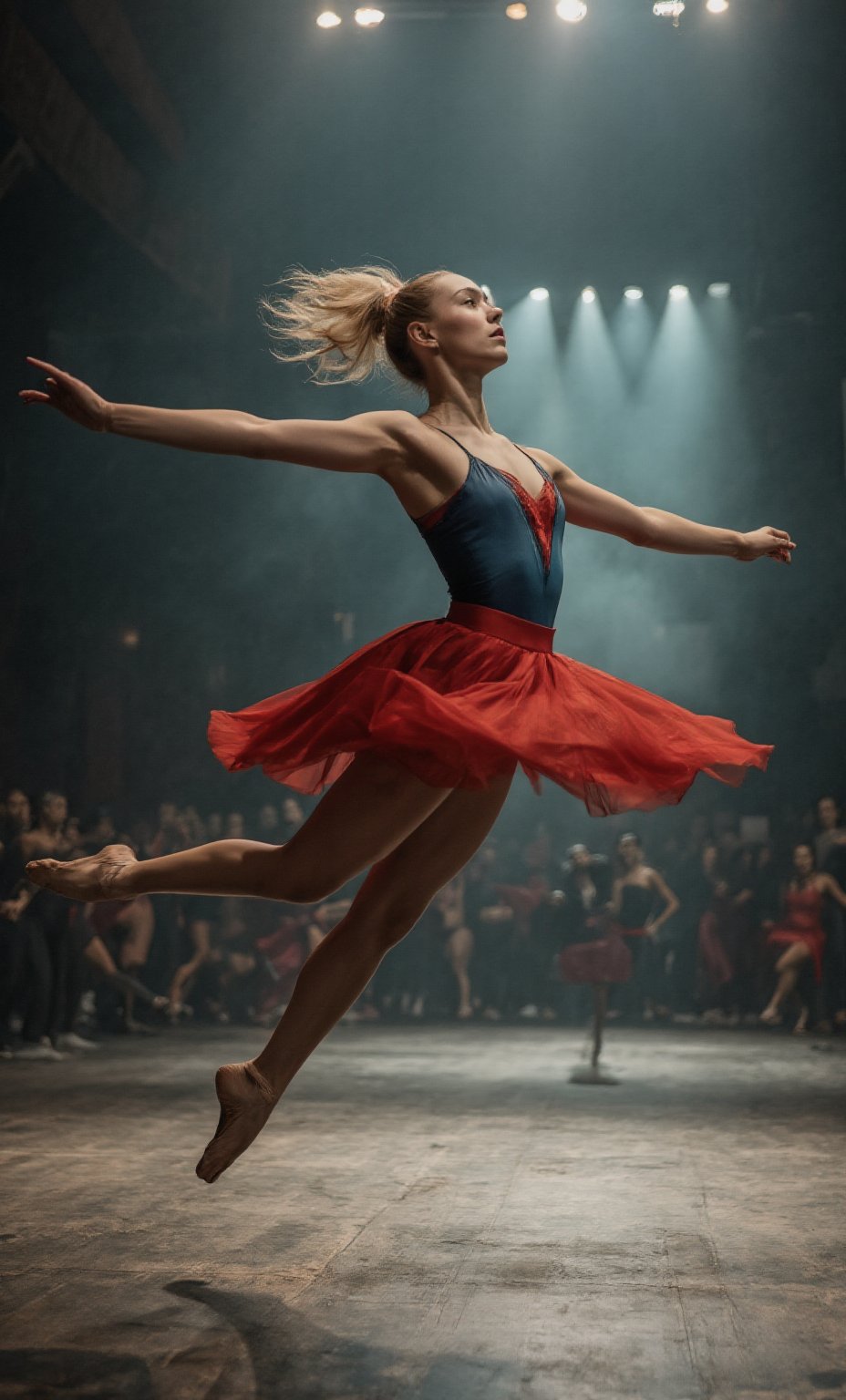 ((hyper realistic: 1.8)), masterpiece, ((sharp face, eyes, lips)), (high contrast), a blonde,  20 years, dance ballet. leap off the floor with legs split near a straight line in the air, arms open to for balance, hair flowing along with hair.  She is dressing in a tight red and blue mixed tutu. There are many other dancers on the dance floors in the background ,yoruichi_v2_flux,test_hop_v2