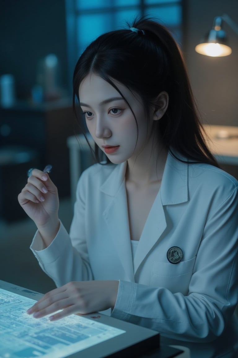 In a dimly lit, run-down cybernetics clinic, a striking young Asian woman, Li Ming, with porcelain skin and striking features, sits hunched over a holographic console, her raven-black hair pulled into a tight ponytail, eyes intensely focused on the swirling digital grid. She wears a crisp white lab coat, adorned with a silver pin bearing the clinic's logo, a stylized snake coiled around a circuit board. A faint, eerie glow emanates from the console, casting an otherworldly light on her delicate features. Soft focus and subtle film grain evoke a sense of nostalgia, reminiscent of Akira Kurosawa's cinematography. The camera lingers on Li's hands, deftly navigating the holographic interface, as a warm, golden light from a nearby overhead fixture highlights the subtle curves of her fingers. A soft blueish hue, reminiscent of a misty dawn, permeates the scene, underscoring the sense of unease and foreboding.