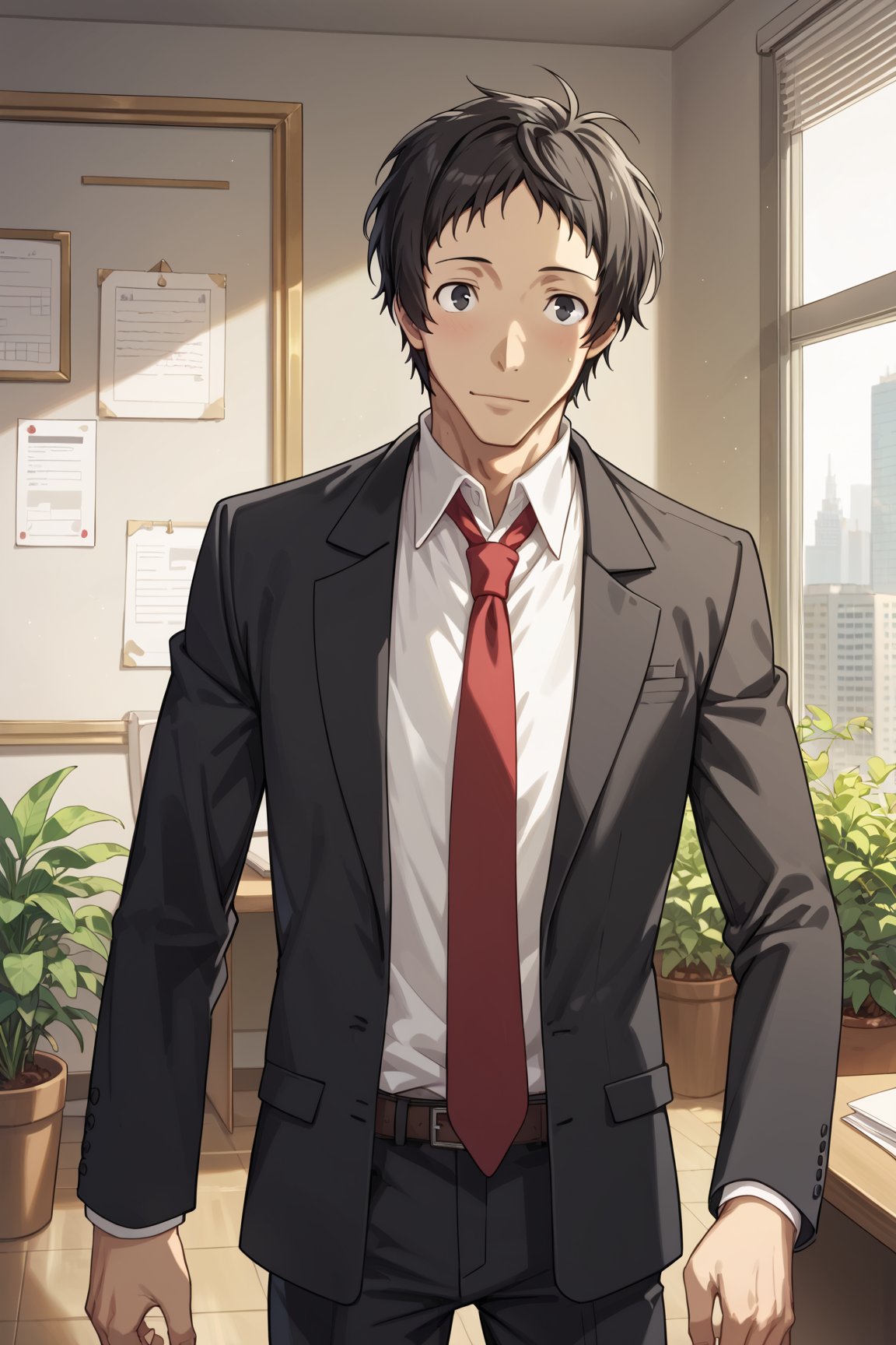 score_8_up, score_7_up, Expressiveh, masterpiece, best quality, best aesthetics, perfect anatomy, perfect proportions, high resolution, good colors, bright skin, good shading, good eyes, countershading, well detailed background, BREAK, male focus, male, Tohru_Adachi, short hair, black hair, black eyes, BREAK, suit, formal, black jacket, white shirt, collared shirt, office, rednecktie, cowboy shot