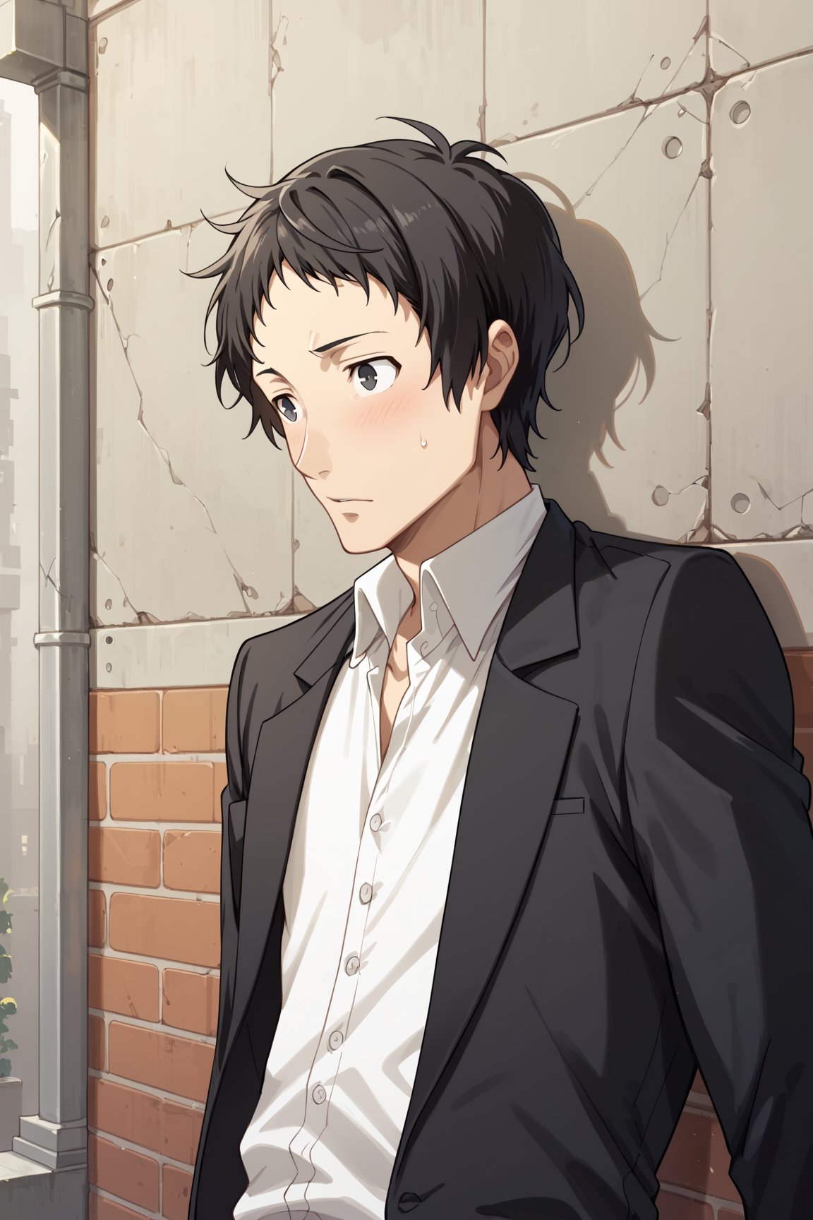 score_8_up, score_7_up, Expressiveh, masterpiece, best quality, best aesthetics, perfect anatomy, perfect proportions, high resolution, good colors, bright skin, good shading, good eyes, countershading, well detailed background, BREAK, male focus, male, Tohru_Adachi, short hair, black hair, black eyes, BREAK, suit, formal, black jacket, white shirt, collared shirt, wall